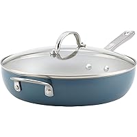 Ayesha Curry Home Collection Porcelain Enamel Nonstick Covered Deep Skillet With Helper Handle, 12 Inch Frying Pan with Glass Lid, Twilight Teal