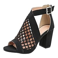 Peep Toe Heels for Women Hollow Out Buckle Ankle Strap Block High Heels Strappy Sandals Retro Casual Comfortable Shoes