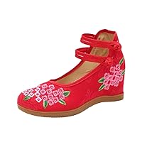 Floral Embroidered Women Canvas Wedge Pumps Ladies Ethnic Shoes Mid-Heel Vintage Casual Espadrilles for Female Red 4.5