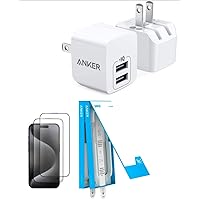 Anker Screen Protector for iPhone 15 Pro, Bubble-and-Dust-Free iPhone HD Tempered Glass & USB Charger, Anker 2-Pack Dual Port 12W Wall Charger Adapter, USB Charger Block with Foldable Plug
