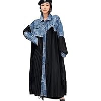 Spring Autumn Lapel Cardigan Dress Loose Mid-Length Denim Splicing Pleats Color Blocking Dress Women's