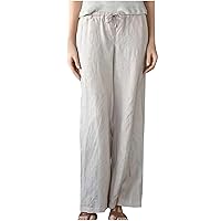 QIGUANG Plus Size Womens Cotton Linen Pants Summer Casual Elastic Mid Waist Straight Leg Loose Fit Beach Trousers with Pocket