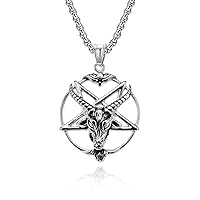 Punk Goth Stainless Steel Baphomet Inverted Pentagram Pendant Satan Lucifer Satanic Occult Gothic Pentacle Goat Head Horns Necklace, 24 inch Chain