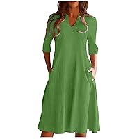 Women V Neck Cotton Linen Shirt Dress Casual Half Sleeve Pullover Tunic Summer Vacation Solid Dresses with Pockets