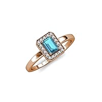 0.88 ctw London Blue Topaz Emerald Shape (6x4 mm) Accented Side Natural Diamond Halo Engagement Ring with Milgrain Work in 14K Gold