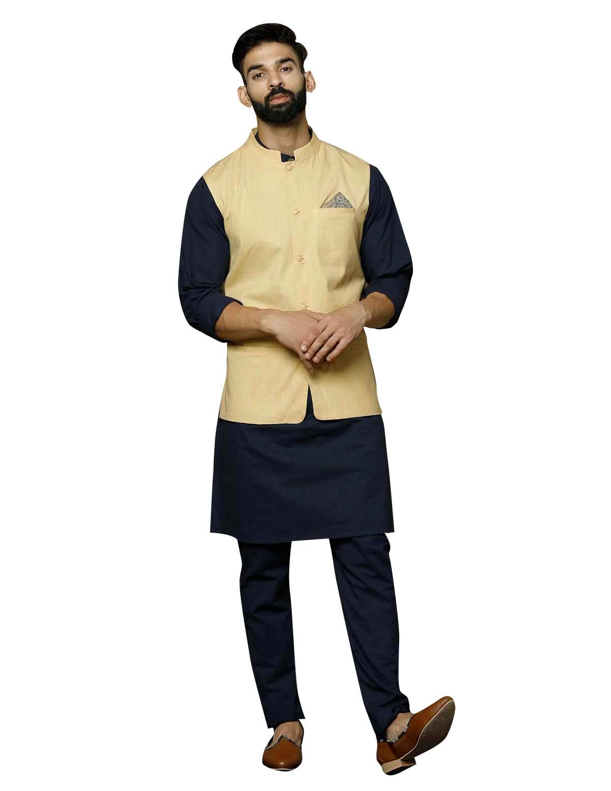 Elina fashion Men's Indian Silk Blend Kurta Pajama And Nehru Jacket (Waistcoat) Wedding Ethnic Diwali Puja Set