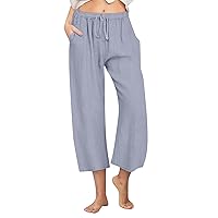 Cropped Linen Pants Women Summer Casual Ankle Wide Leg Pants Drawstring High Waisted Palazzo Beach Pants with Pockets