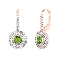2.3ct Round Cut Halo Solitaire Natural Light Green Peridot Unisex pair of Lever back Drop Dangle Earrings 14k 2tone Gold