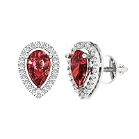 2.52 ct Pear Round Cut Halo Solitaire Natural Garnet Solitaire Stud Screw Back Earrings 14k White Gold