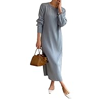 Solid O-Neck Knitted Dress Women Long Straight Sweater Dress Autumn Winter Casual Elastic Loose Maxi Dress