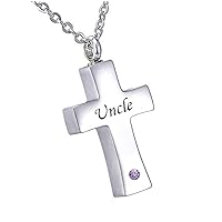 misyou Customized Stainless Steel Memorial February Birthstone Pendant Cremation Cross Pendant Keepsake Necklace （Uncle）
