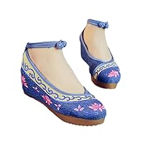 Vintage Women Canvas Lotus Shoes Ladies Floral Cotton Fabric Embroidered Strappy Flat Blue 9