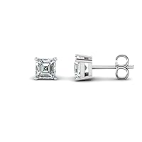 4mm-8mm Asscher Cut Clear CZ Diamond Solitaire Stud Earrings In 14K White Gold Plated 925 Sterling Silver