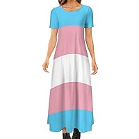 Transgender LGBT Flag Women's Short Sleeve Crewneck Dress Casual Long Maxi Dresses