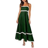 Boho Summer Dresses 2024 Vacation Spaghetti Strap Backless RIC Rac Trim Tiered A-Line Long Casual Swing Sundress Maxi Dresses