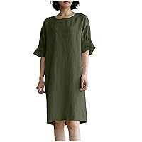 Womens Ruffle Trim Half Puff Sleeve Cotton Linen Knee Dresses Summer Round Neck Casual Loose Fit Swing Tunic Dress