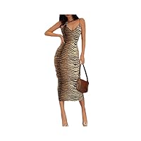 2023 Women's Leopard Print Skinny Dress Slim Fit Sleeveless V-Neck Printed Animal Pattern Dress Mid Length Dress