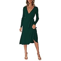 Pink Queen Women's Sexy V Neck Sweater Wrap Dress Cocktail Swing Flowy Pleated Knit Long Dress Belted Green L