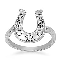 Sac Silver Women's Heart Cross Horseshoe Ring Polished Band Rhodium Finish 16mm Sizes 5-10