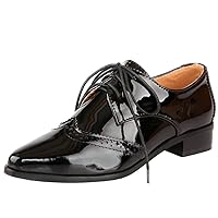 Womens Wingtip Patent Leather Pointed Low Heel Oxford Flats Vintage Brogue Shoes