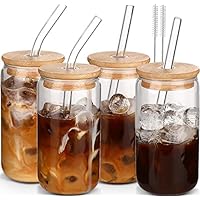 Glass Cups with Lids and Straws 4pcs Set-DWTS DANWEITESI 16oz Iced Coffee Cups,Glass Coffee Cups with Lids and Straw,Beer Can Glass with Lids and Straw