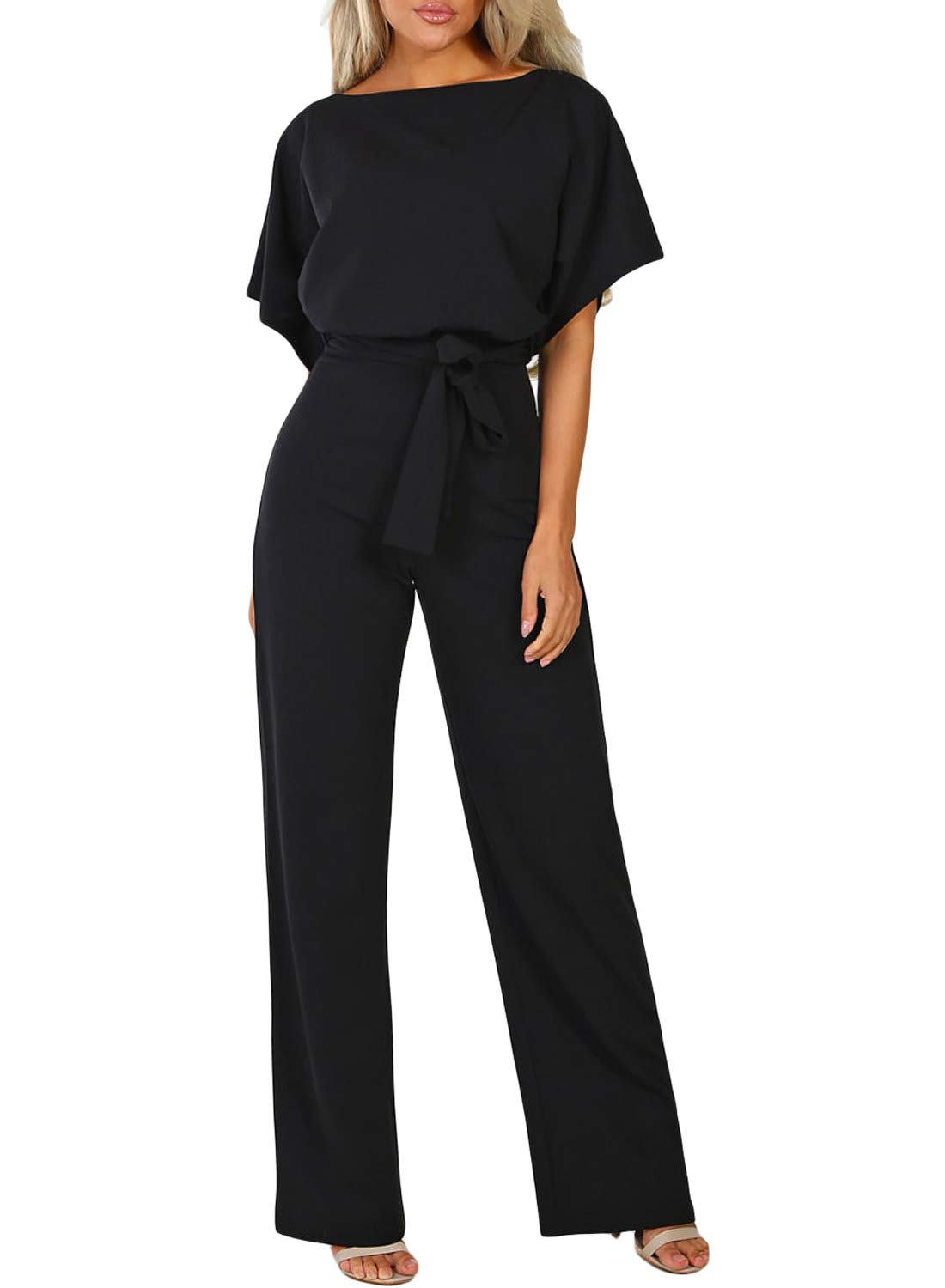Happy Sailed Women Casual Loose Short Sleeve Belted Wide Leg Pant Romper Jumpsuits