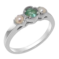 Solid 925 Sterling Silver Natural Emerald & Cultured Pearl Womens Trilogy Ring - Sizes 4 to 12 Available