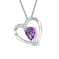 Pear Cut Created Amethyst & 0.05 CT Diamond Heart Pendant Necklace 14K White Gold Over