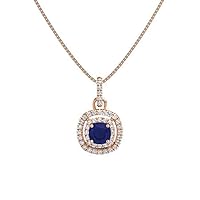 1.10 ctw Cushion Shape Created Blue Sapphire & Cubic Zirconia 925 Sterling Sliver Halo Pendant Necklace Gifts for Women's/Girls 14K Gold Plated