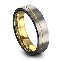 Tungsten Wedding Band Ring 7mm for Men Women 18k Rose Yellow Gold Plated Flat Cut Off Set Line Black Grey Brushed Polished