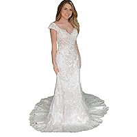 Women's Sequins V-Neck Lace Mermaid Wedding Dresses for Bride Plus Size with Train Bridal Ball Gowns