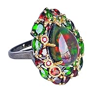 Black Ethiopian Opal Chrome Diopside & Garnet Gemstone 925 Sterling Silver Ring Attractive Designer Jewellery For Girls