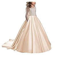 VeraQueen Children's A Line Satin Flower Girl Dress Long Sleeves Button Ball Gowns for Kids