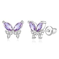 Butterfly Earrings for Women 18K Gold Plated Purple Tiny Stud Earrings CZ Amethyst Cartilage Earring for Girls Jewelry Gifts