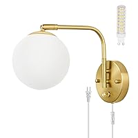 Wall Sconces Plug in, Dimmable Swing Arm Wall Lights with Plug in Cord and Dimmer On/Off Knob Switch, Dimmable Wall Light with Milky White Glass Globe Shade(1 Bulb Included)