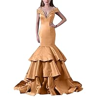Women's Spaghetti Straps Satin Tiered Mermaid Prom Dress Cap Sleeves Beaded Evening Dresses