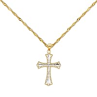 14k Two Tone Gold Religious Cross Pendant Charm Singapore Necklace Chain Set