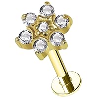 14K Solid Yellow Gold Star on Flower Cz Stones Push Fit Top 16 Gauge Labret - Tragus Bar Piercing - Labret Stud Helix - Tragus Piercing Jewelry