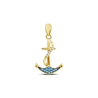 14K Yellow Gold Over 925 Sterling Silver Round Cut Aquamarine Cross Anchor Pendant