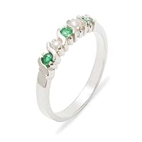 Solid 925 Sterling Silver Real Genuine Emerald & Cultured Pearl Womens Eternity Band Ring