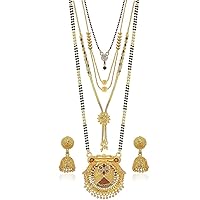 Aleafa Armlet Presents Traditional One Gram Gold Plated Combo of 4 Necklace Pendant 30 Inch Long and 18 Inch Short Mangalsutra/Tanmaniya/Nallapusalu with 1 Pair of #Aport-1303