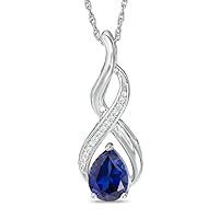 Pear Cut Created Sapphire & 0.06 CT Diamond Swirl Pendant Necklace 14k White Gold Over
