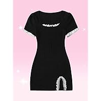 Women's Dress Contrast Lace Split Bodycon Dress (Color : Black, Size : XX-Large)