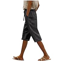Women Fashion Bermuda Shorts Summer Elastic Waist Knee Length Shorts Loose Fit Straight Leg Short Pants with Pockets