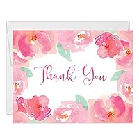 Thank You Cards Pink Floral Blooms Watercolor Notecards with Envelopes ( Pack of 25 ) Folded Birthday Anniversary Baby Bridal Shower Christening Thanks Gracias Notes Excellent Value Thank You VT0001B