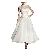 SABrial Womens High Neck Tea Length Lace Wedding Gowns
