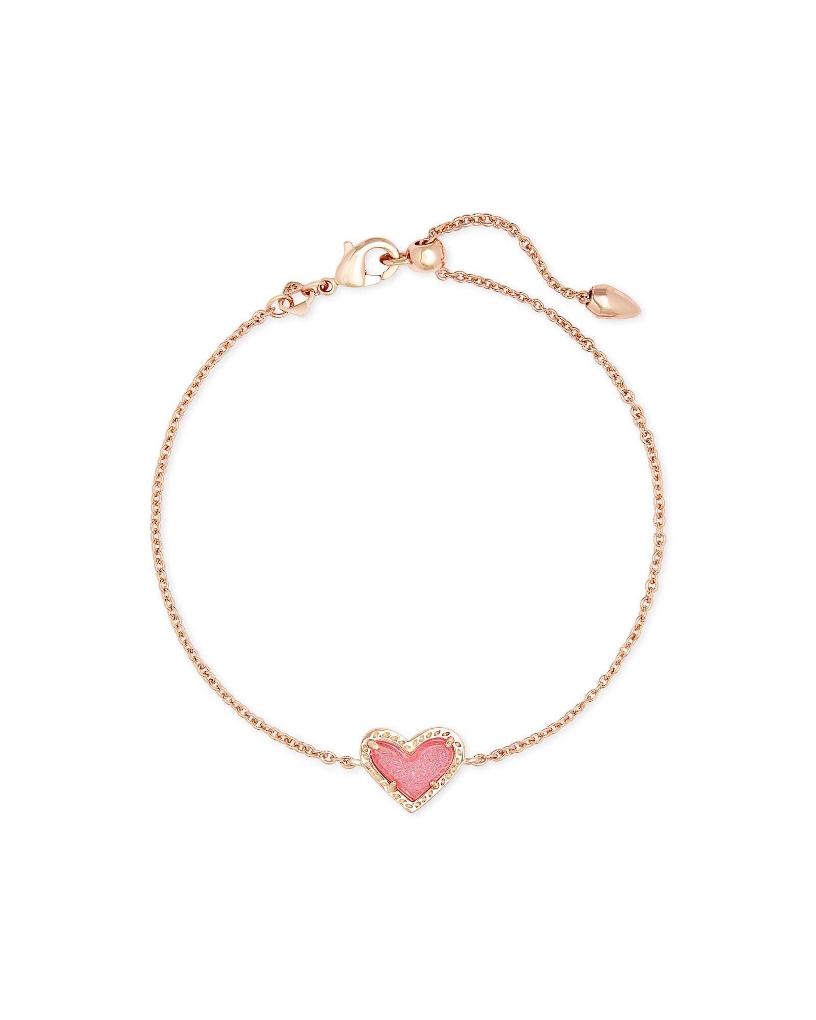 Kendra Scott Ari Heart Adjustable Length Pendant Necklace, Ari Heart Stud Earrings, and Ari Heart Link Chain Bracelet Bundle, Fashion Jewelry, 14K Rose Gold-Plated, Pink Drusy