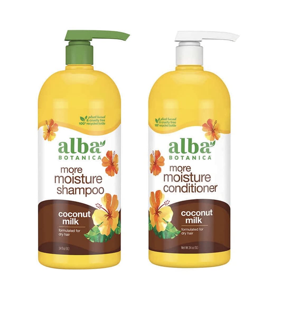 Alba Botanica More Moisture Coconut Milk Shampoo and Conditioner - 34 fl oz Each - Plant Based and Cruelty Free - Formulated for Dry Hair - No Artificial Colors, Parabens, Phthalates, or Sulfates