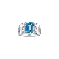 Rylos Men's Rings Designer Style 10X8MM Emerald Cut Shape Gemstone & Sparkling Diamonds - Color Stone Birthstone Rings for Men, Sterling Silver Rings in Sizes 8-13. Mens Jewelry