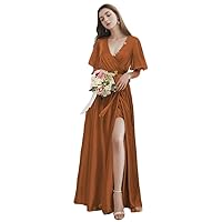 Satin Bridesmaid Dresses Pleated Side Slit v-Neck Formal Party Dress with Sleeves